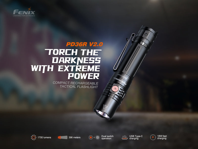 Load image into Gallery viewer, Fenix PD36R V2 Compact Rechargeable Tactical Flashlight - 1700 Lumens