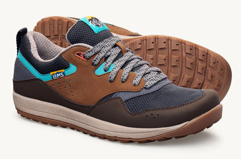 Load image into Gallery viewer, Brown and blue hiking shoes with visible brand logo on a white background