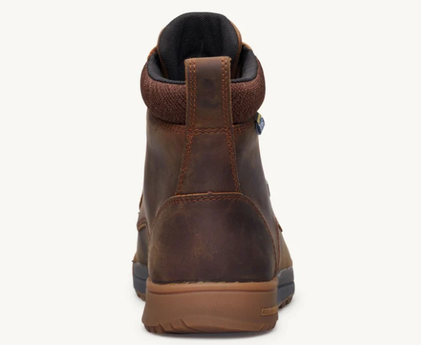 Load image into Gallery viewer, A single brown leather ankle boot shown from the back on a clean, off-white background.
