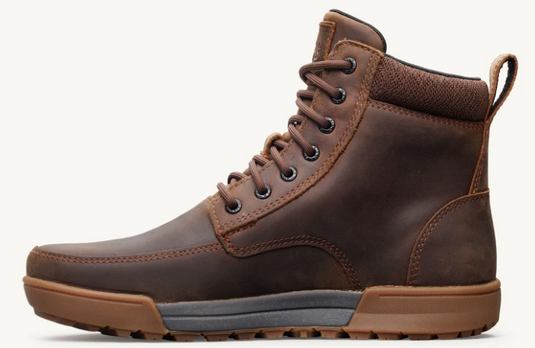 A dark brown leather lace-up ankle boot with a pull tab, shown in a side profile view against a plain off-white background.