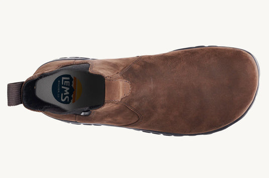 Brown leather boot with 'LEMS' branding on the sole