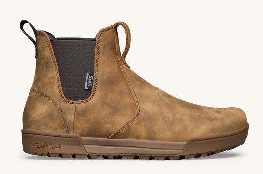 Brown leather boot with visible Lems branding on a white background