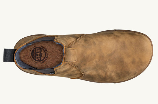 Brown leather boot with a visible brand logo on a white background