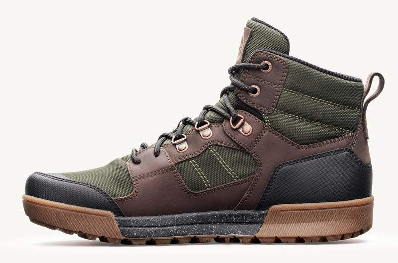 Load image into Gallery viewer, Green and Brown hiking boots made of nylon and leather with the shoe on the right inside.
