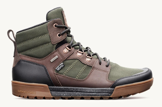 Green and brown hiking boot on a white background