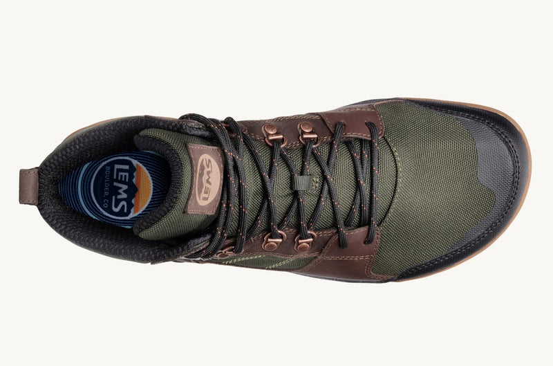 Load image into Gallery viewer, Green and brown hiking boot top view with a Lems logo on the sole on the inside.

