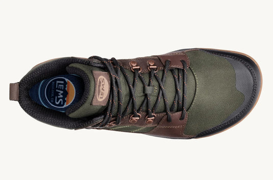 Green and brown hiking boot top view with a Lems logo on the sole on the inside.