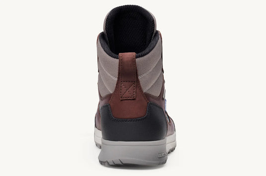 Hiking boots with brown and gray design on a white background