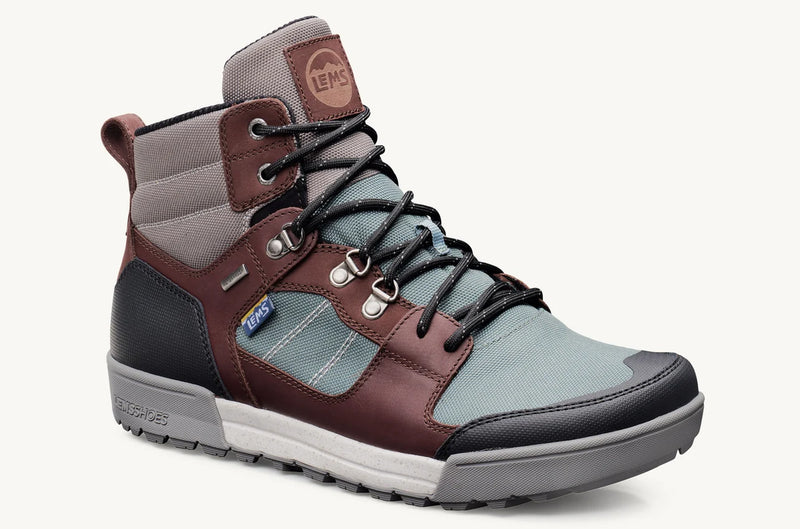 Load image into Gallery viewer, Blue, brown and gray hiking boot with Lems logo on a white background
