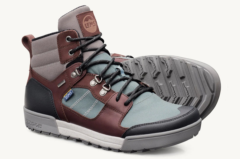 Load image into Gallery viewer, Pair of hiking boots with brown, gray, and blue color scheme on a white background
