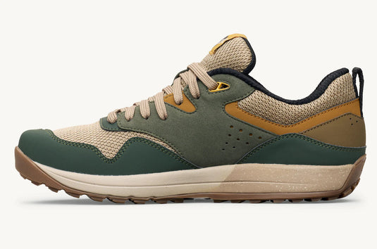 Multicolor sneaker with green, beige, and brown accents on a white background