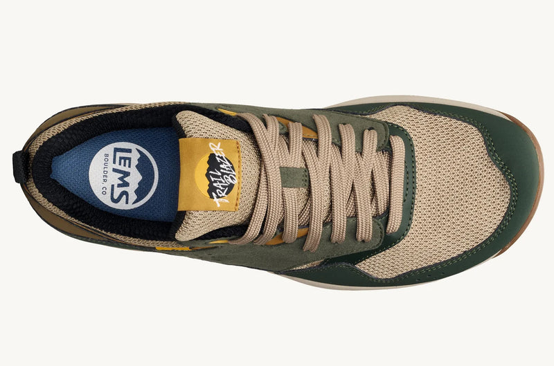 Load image into Gallery viewer, Green and beige sneaker with visible brand logos on a white background
